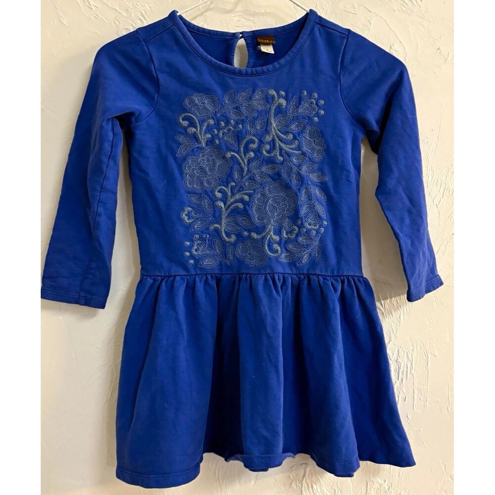 Tea Collection Girls Blue Floral Fit & Flare Knee Dress Long Sleeve Sz 6